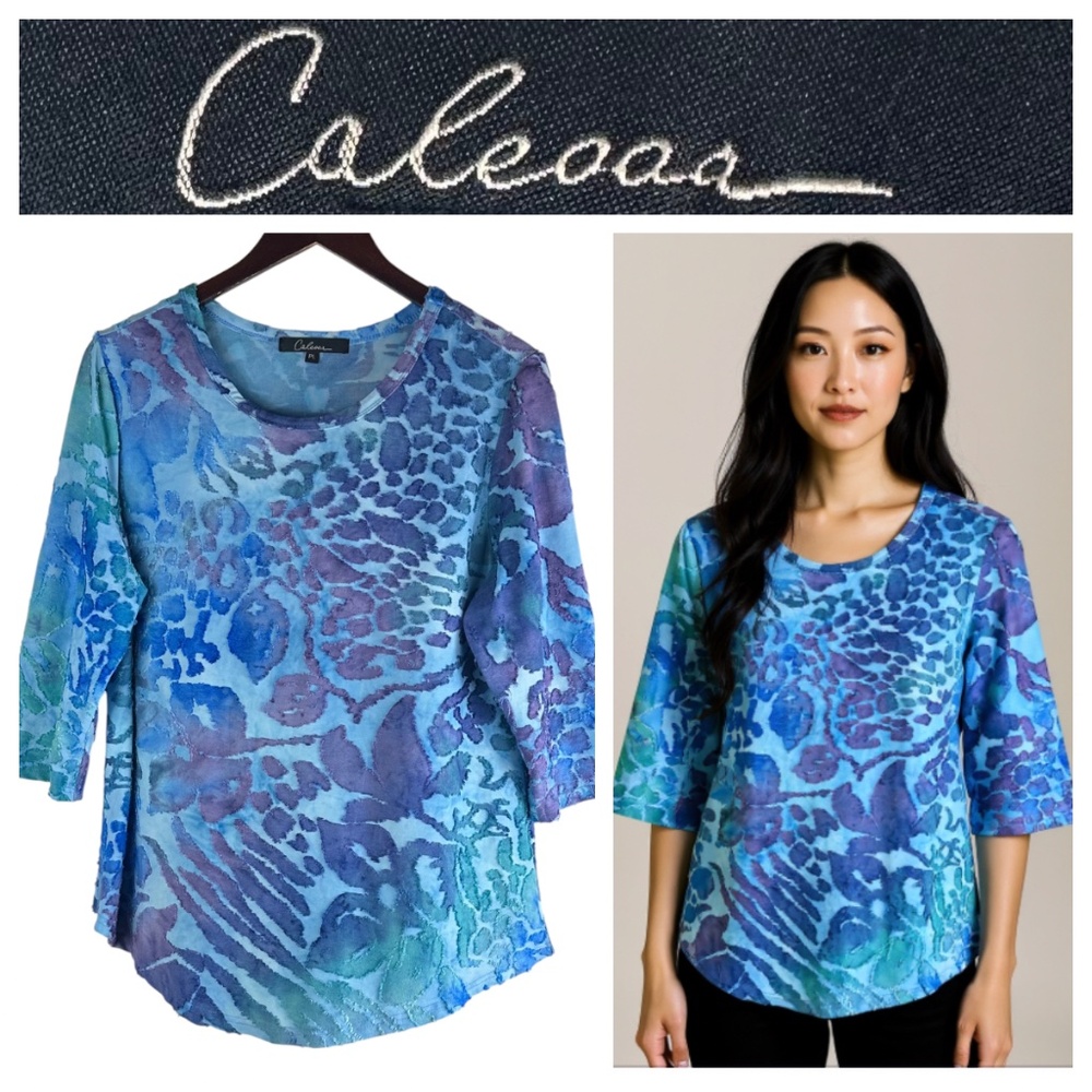 Caleaas Tunic Top Shirt Sz Petite Large PL Art to Wear Vibrant Floral Boho Blue